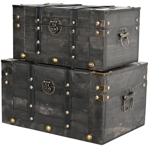 Wooden Vintage Luggage Trunks Set of 2, Decorative Antique Suitcase Storage | Boxes with Hinged Lids, Old Fashioned Treasure Chest Organizer for Home, Tabletop & Rustic Decor, Black - color: Black, size: 11"&13"