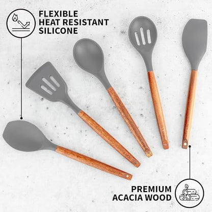 Zulay Kitchen 5 Piece Silicone Utensil Set | Non-Stick Silicone Cooking Utensils Set with Acacia Wood Handles - 464°F Heat Resistance Kitchen Utensils Set - Gray - color: Elegant Grey, size: 5-Piece Set