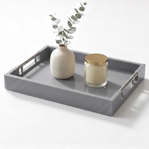 Decorative Serving Tray, Modern Rectangle Wood Tray with Polished Metal Handles, Glossy Finish, 16.5x12 Inch, for Coffee Table, Ottoman (Gray) - color: Gray