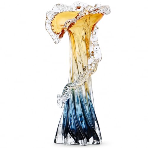 Blue Blown Glass Vase, Modern Art Hand Blown Coastal Vase,Beautiful Unique Ocean Wave Centerpieces for Living Room, Bedroom, Office Desktop,Coffee Table and Wedding Decorative (Amber, L) - color: Amber, size: Large