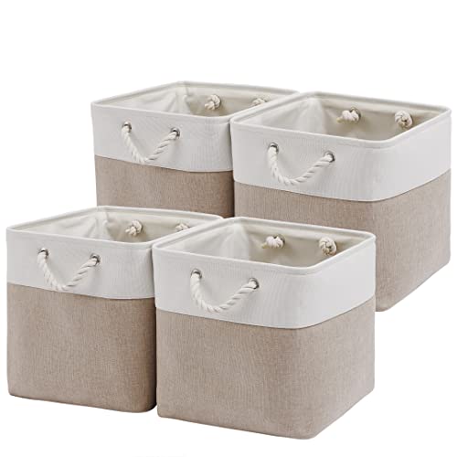 MidmmVick 13 x 13 Inch Cube Storage Bins, 4 Pack Large Collapsible Fabric Storage Bin with Ropes, Foldable Storage Cubes for Home, Office,Closet, Clothes, Toys Organizer (White & Beige) - color: White&Beige-13"x13"x13"