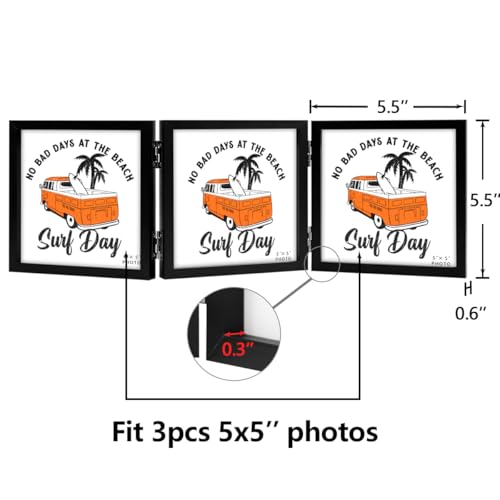 WUTL 3 Picture Frame Triple Collage 5x5 Frames with Real Glass Black | Trifold Photo Frame, Hinged Foldable, Crystal Clear Real Glass - color: Black, size: 5x5