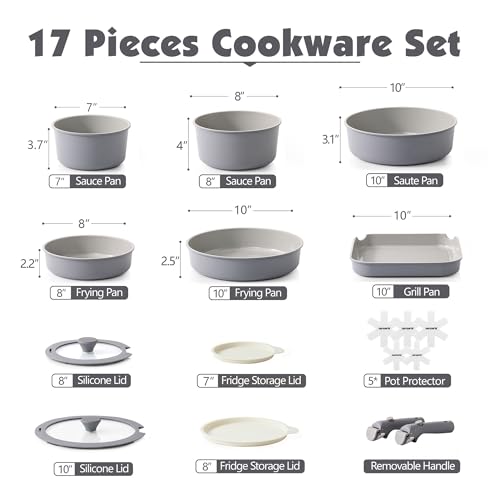 SENSARTE 17 Piece Ceramic Detachable Handle Pots and Pans Set Gray | Ceramic Cookware Set, Induction Cookware Set with Removable Handle, Healthy Non Stick for RV, Dishwasher ＆ Oven Safe - color: Gray, size: 17 Piece