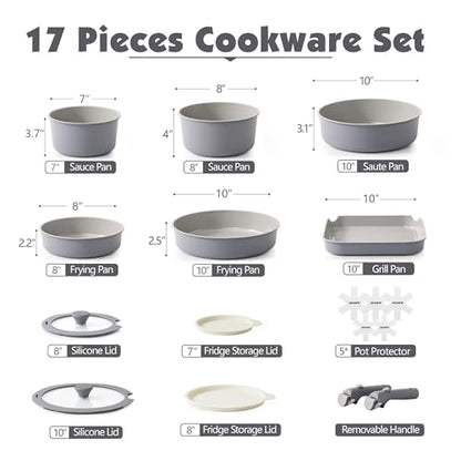 SENSARTE 17 Piece Ceramic Detachable Handle Pots and Pans Set Gray | Ceramic Cookware Set, Induction Cookware Set with Removable Handle, Healthy Non Stick for RV, Dishwasher ＆ Oven Safe - color: Gray, size: 17 Piece