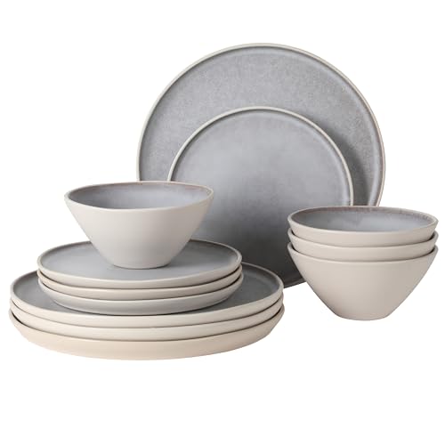 Gibson Elite Coastal Forest Plates and Bowls Sets, 12-Piece Stoneware Dinnerware Sets, Triple Reactive Glaze Dish Set - Light Grey and Cream White - color: Light Grey/Cream White (Coastal Forest), size: Service for 4 (12pcs)