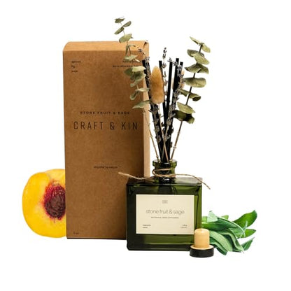 Craft & Kin Reed Diffuser with Dried Flowers | 5 oz Stone Fruit & Sage Scented Holiday Reed Diffusers for Home, Bathroom | Scent Sticks | Elegant Fragrance Home Decor for Men & Women - size: 5 oz