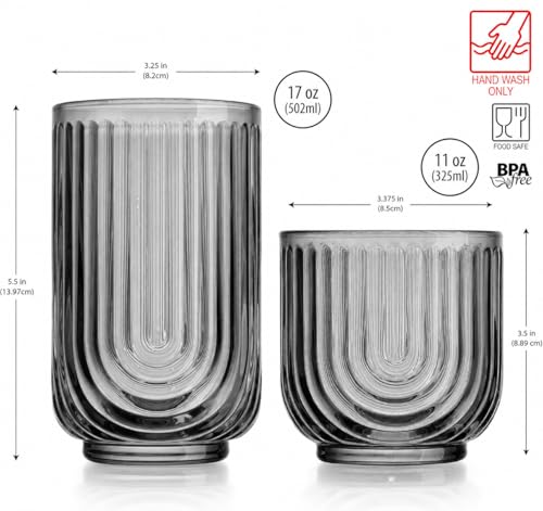 16 Piece Smoke Glassware Set, Beautiful Art Deco Black Drinking Glasses, Ribbed U-Shape Design, 8 Highball 17oz and 8 Whiskey 11oz DOF Handwash Only - style: Smoke S/16 17oz 11oz