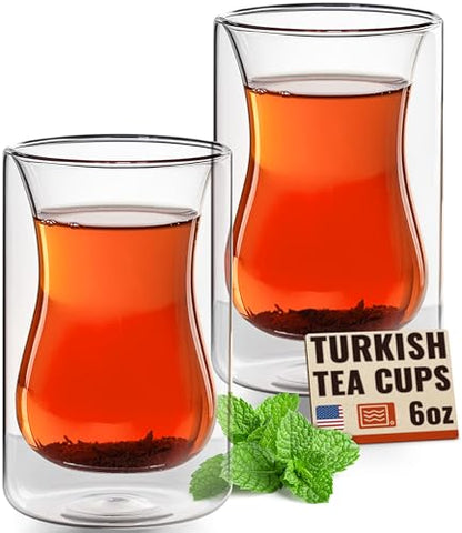 Eparé 6 oz Turkish Tea Cups Set of 2 – Heat Resistant Double Wall Turkish Tea Glass – Lightweight and Insulated Borosilicate Glass Coffee Mugs