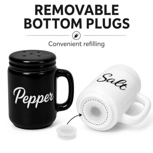 Farmhouse Salt and Pepper Shakers Ceramic Mason Jar 2 oz Set with Handles | Petite 2.5-inch tabletop size · Removable bottom plugs · Dishwasher safe