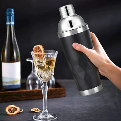 Insulated Cocktail Shaker Black -20oz Double Wall Vacuum Stainless Steel Martini Shaker with Built-in Strainer, Pro Leak-Proof Weighted Shaker for Home Bar, Premium Bar Gift Set - color: Black