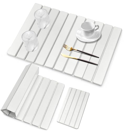 Large Stone Dish Drying Mat for Kitchen Counter, Quick Dry Dish Drying Mats, Foldable Absorbent Diatomaceous Earth Mats for Plate Rack Bottles Cups, Match Any Countertop (White 24"×16" & 8"x4") - color: White, size: 24" x 16"