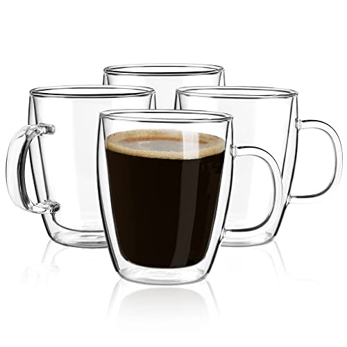 YUNCANG Double Wall Coffee Mugs, (4-Pcak) 16 Ounces-Clear Glass Cups with Handle,lnsulated,Cappuccino,Tea,Latte Cups,Beverage Glasses Heat Resistant - style: 4PACK-16oz