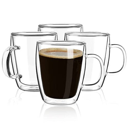 YUNCANG Double Wall Coffee Mugs, (4-Pcak) 16 Ounces-Clear Glass Cups with Handle,lnsulated,Cappuccino,Tea,Latte Cups,Beverage Glasses Heat Resistant - style: 4PACK-16oz
