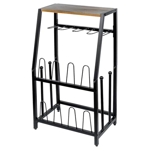 MyGift Acacia Wood & Black Metal Entryway Organizer: 2-in-1 Shoe Rack with Shelf & Boot Storage for 8 Pairs - Rustic Modern Entry Table with Adjustable Feet (Foyer/Mudroom/Garage) - color: Acacia Wood & Black Metal