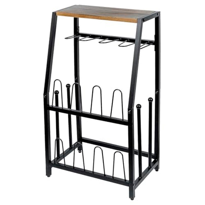 MyGift Acacia Wood & Black Metal Entryway Organizer: 2-in-1 Shoe Rack with Shelf & Boot Storage for 8 Pairs - Rustic Modern Entry Table with Adjustable Feet (Foyer/Mudroom/Garage) - color: Acacia Wood & Black Metal