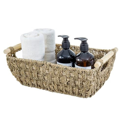 MyGift Hand-Woven Seagrass Bathroom Hand Towel Holder Basket with Wooden Handle, Rustic Countertop Storage Organizer for Towels & Toiletries