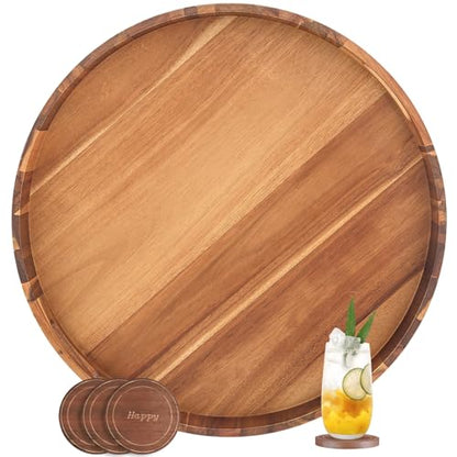 Large Ottoman Tray, 22" Big Ottoman Tray for Living Room, Large Serving Tray with Handles for Coffee Table Kitchen Counter,Great Round Wooden Trays with 4 Round Coasters for Appetizers, Dinner - color: 22" Round Tray W/ 4-coasters - Acacia
