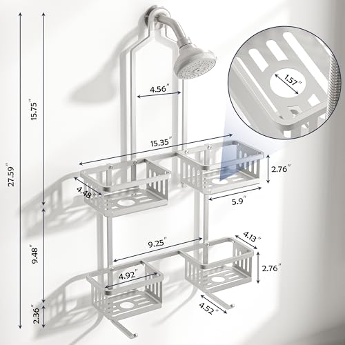 Aluminum Shower Caddy Hanging for Handheld Showerheads, Never Rust Shower Organizer with Hooks Holder Toothbrush Holder，Over Showerhead Caddy for Bathroom - color: Silvery