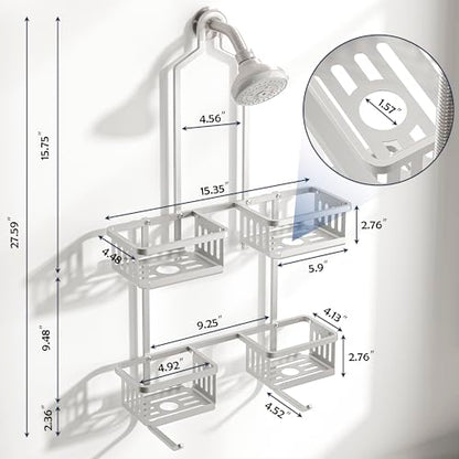 Aluminum Shower Caddy Hanging for Handheld Showerheads, Never Rust Shower Organizer with Hooks Holder Toothbrush Holder，Over Showerhead Caddy for Bathroom - color: Silvery