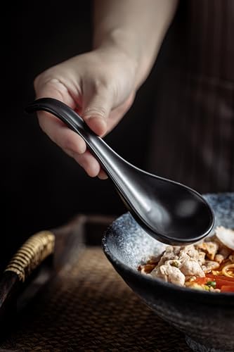 LYEOBOH Soup Spoons, Ceramic Ramen Spoon Set of 6-6.5inch Japanese Spoons | Chinese Spoons with Deep Hook Non-slip, Stackable Korean Spoons Deep for Pho Pasta Cereal, Dishwasher & Microwave Safe, Black - color: Black