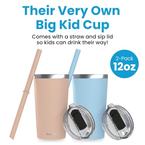 CUPKIN Toddler Tumblers, The Original 12 oz Stackable Stainless Steel Cups, Set of 2 Powder Coated Insulated Kids Water Bottle Alternative & BPA Free Lids + Reusable Silicone Straws (Peach + Teal) - color: Peach + Teal, size: 12 Fl Oz (Pack of 2)
