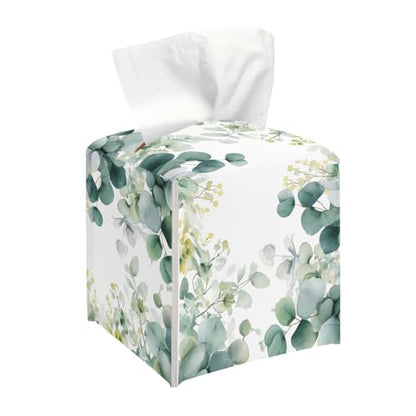 Flowers and Leaves Tissue Box Cover, Watercolor Green Tissue Holder - color: Leaves-2