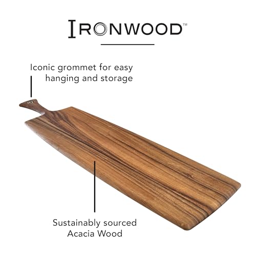 Ironwood Acacia Wood Provencale Paddleboard, XL Rectangular Serving Board | 30" Long With Handle, 24.5" x 8" Serving Surface | Beautiful Acacia Wood Charcuterie Board | XL Centerpiece Board With Handle - size: 30"L x 8"W