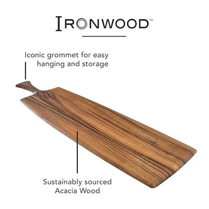 Ironwood Acacia Wood Provencale Paddleboard, XL Rectangular Serving Board | 30" Long With Handle, 24.5" x 8" Serving Surface | Beautiful Acacia Wood Charcuterie Board | XL Centerpiece Board With Handle - size: 30"L x 8"W