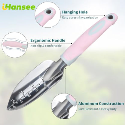 Pink Garden Tool Sets 4-Piece, Aluminum Gardening Hand Tool Kit | Transplant Trowel, Hand Rake, Curved Pruner with Ergonomic Handle, Garden Gloves, Gardening Gift for Mom Women Plant Lover - color: pink-4pcs