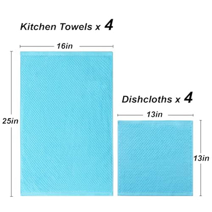 8 Pack Kitchen Towels and Dishcloths Set, 100% Ring Spun Cotton 16 x 25 inches Kitchen Towels and 13 x 13 in Dish Cloths Super Soft and Absorbent Towels Set - color: Ocean