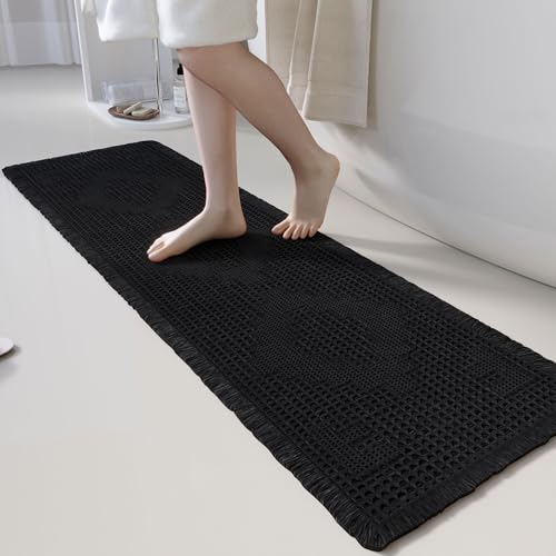 Non Slip Bath Mats for Bathroom Soft Absorbent Boho Bathroom Rugs with Tassels Waffle Bath Mat Machine Washable Black, 1'6" x 5' - color: Black, size: 1'6" x 5' (Rectangular)