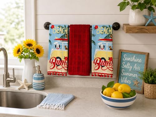 Beach Bum Kitchen Hand Towels, 100% Cotton, Coastal Dog Surfing Design with Red Pom Pom Fringe, 3 Piece Set - color: Beach Dogs