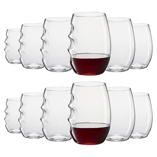 Unbreakable European Plastic Crystal, Stemless Wine Glasses | Set of 12, 13.5 OZ | Acrylic Tritan Set with 3-Finger Indentations - Clear Short Tumbler Set, BPA Free, Reusable, Naturally Aerates Wine - color: Clear, size: Set of 12