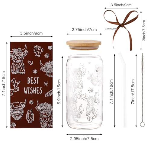 Highland Cow Gifts for Women, Glass Cups with Lid and Straw | Cute Cow Print Iced Coffee Tumbler for Cow Lovers Thanksgiving Christmas Birthday Mothers Day for Friend Teens Stuff 16oz - style: Highland Cow
