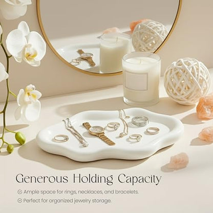 Cloud Ceramic Tray, Glossy White Irregular Jewelry Dish, Luxury Ceramic Ring Holder and Vanity Organizer, Cloud Trinket Plate for Keys, Perfume, or Nightstand Decor