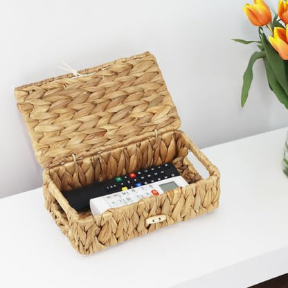 Water Hyacinth Wicker Storage Basket with Lid, X-Small | 9 x 5.1 x 3 Inch Box, Shelf Organizer, Rectangular Woven Bin, Small Item Storage, Natural Home Decor - size: X-Small