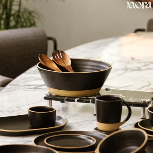 MORA Giant Salad Bowl Set with Wood Salad Servers, 4 qt Large Ceramic Serving Bowl for Salad, Pasta & Fruit, Microwave, Oven and Dishwasher Safe - Night - color: Night
