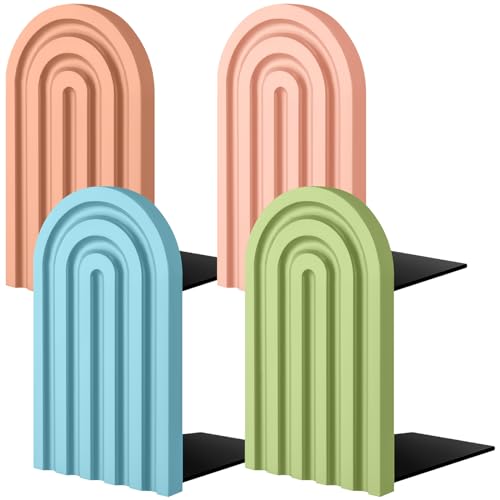 Harloon 4 Pcs Boho Arch Wooden Bookends, Decorative Rainbow Book Stoppers with Non-Slip Metal Base, 5x3x4 Inches, Cute Shelf Decor for Heavy Books, Home Office Study Desk Organizer(Bright Color) - color: Bright Color