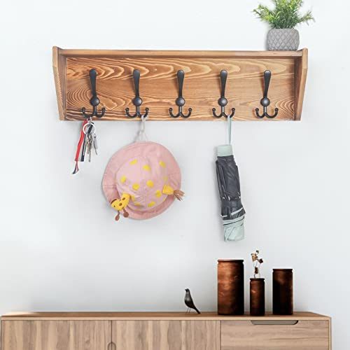 WEBI Wall Shelf with Hooks Underneath,24" Long Wall Mounted Coat Rack with Shelf,5 Triple Hooks,Wall Shelves for Bathroom,Rustic Brown - color: Brown, size: 24 Inch