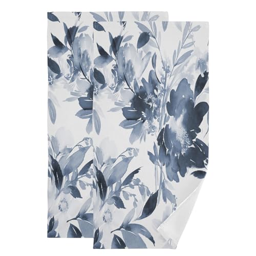 Navy Blue and White Floral Hand Towels for Bathroom Set of 2 Microfiber Vintage Watercolor Ink Flower Plant Kitchen Dish Towels Decorative Bathroom Towels for Face Bath Shower Spa 14"x28" - color: Navy Blue