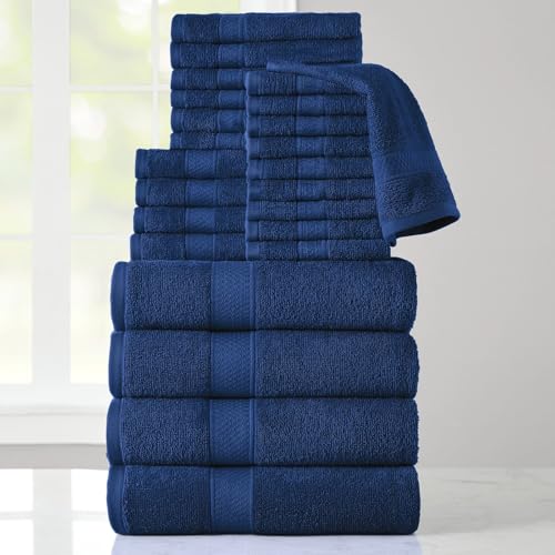 24-Piece Set of Towels, Lightweight 380 GSM Cotton Towels, Quick Drying, Absorbent Hand Towels, Fingertip Towels, Bath Towels, & Washcloths, Navy - color: Navy