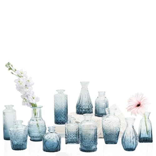 Bud Vases Set of 12,Glass Bud Vases in Bulk,Small Flower Vases for Centerpieces,Mini Vintage Vase for Wedding, Home Table Decor,Christmas,Party Decoration,Blue - color: 12pcs-blue