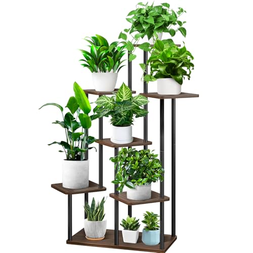 7 Tier Plant Stand Indoor, Thickened Metal Wood Corner Plant Shelf Stands for Multiple Plants, Indoor Tall Plants Stand Tiered Flower Holder for Living Room Patio Garden Balcony(Black+Oak) - color: Black+Oak, size: 7 Tier