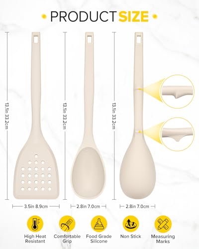 Pack of 4 Silicone Cooking Utensils Set, Non Stick Solid Spatulas and Heat Resistant Slotted Spoons with Back Hooks, Ideal BPA Free Kitchen Utensils Set for Frying,Serving,Turning,Stirring(KHAKI) - color: Khaki