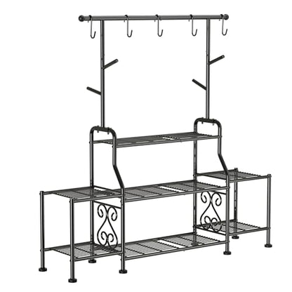 GIOTORENT 3-Tier Tall Metal Plant Stand Indoor Outdoor - Heavy Duty Plant Shelf for Garden, Patio, Balcony with 5 Hanging Hooks, Holds 16-25 Plants, Black - size: D-3Tier-Longer
