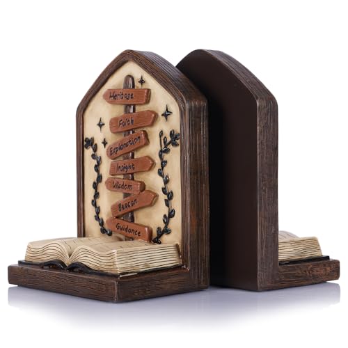 Bookends Set of 2 Resin Decorative Book Ends with Inspirational Signpost and Open Book Design, Distressed Library Decor for Bookshelf Office Study Shelf Display