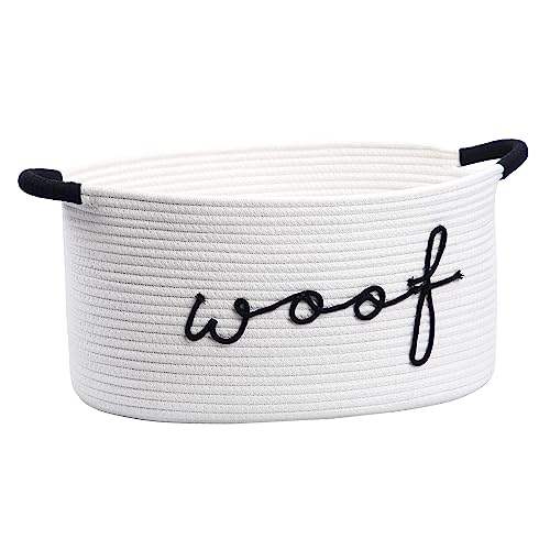 Woof Dog Toy Basket Woven Pet Baskets Storage Bin Box with Durable Handles, Pet Supplies Puppy Bins Perfect for Organizing Dog Toys Blankets and Accessories - color: white