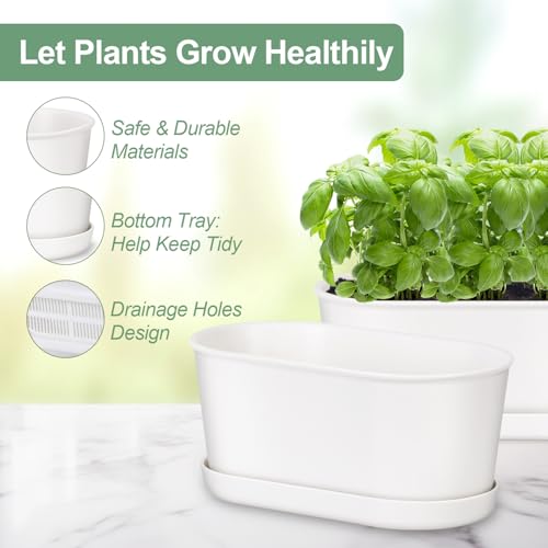 Set of 8 White Oval Window Sill Planters with Drainage Holes and Trays（7 Inch） for Herbs Basil Orchids Succulents, Modern Herb Garden Planter for Indoor/Outdoor Plants - size: 7 x 3.95 x 3.15-inch