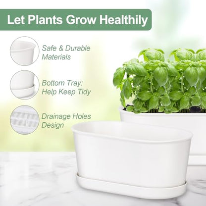 Set of 8 White Oval Window Sill Planters with Drainage Holes and Trays（7 Inch） for Herbs Basil Orchids Succulents, Modern Herb Garden Planter for Indoor/Outdoor Plants - size: 7 x 3.95 x 3.15-inch