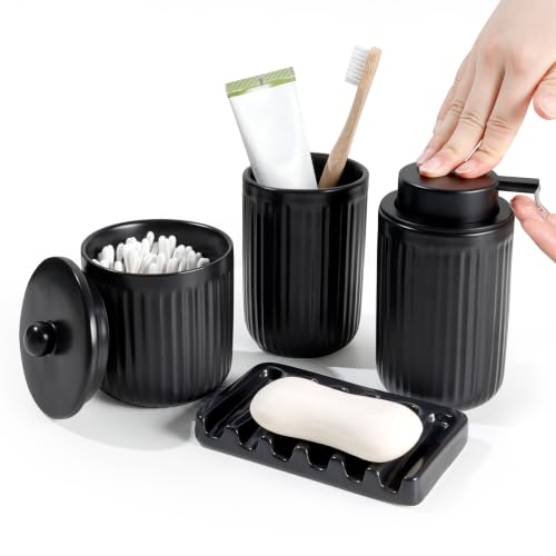 BosilunLife Striped Black Ceramic Bathroom Accessories Set of 4 | Bathroom Decor Sets Accessories Bathroom Lotion Soap Dispenser and Toothbrush Holder Set, Soap Dish, Apothecary Jars.(Liquid) - color: Black-liquid